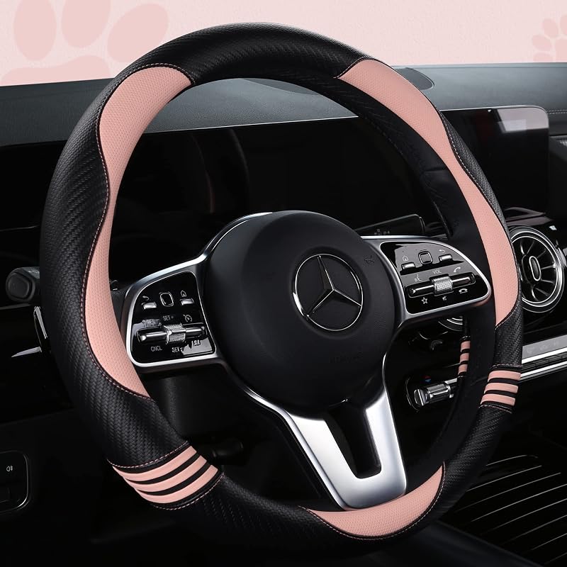 Capa para Volante HighnessHwoo em PU com Textura de Fibra de Carbono, Estampa de Gato, Rosa e Preta, Tamanho Grande de 38,6–40,5 cm