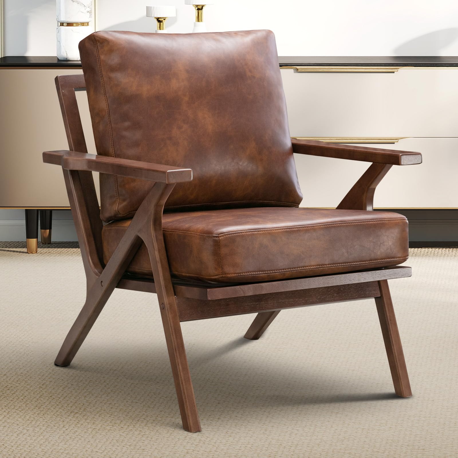 EBELLO Armchair, Vintage PU Leather Accent Chair with Wood Frame, Brown