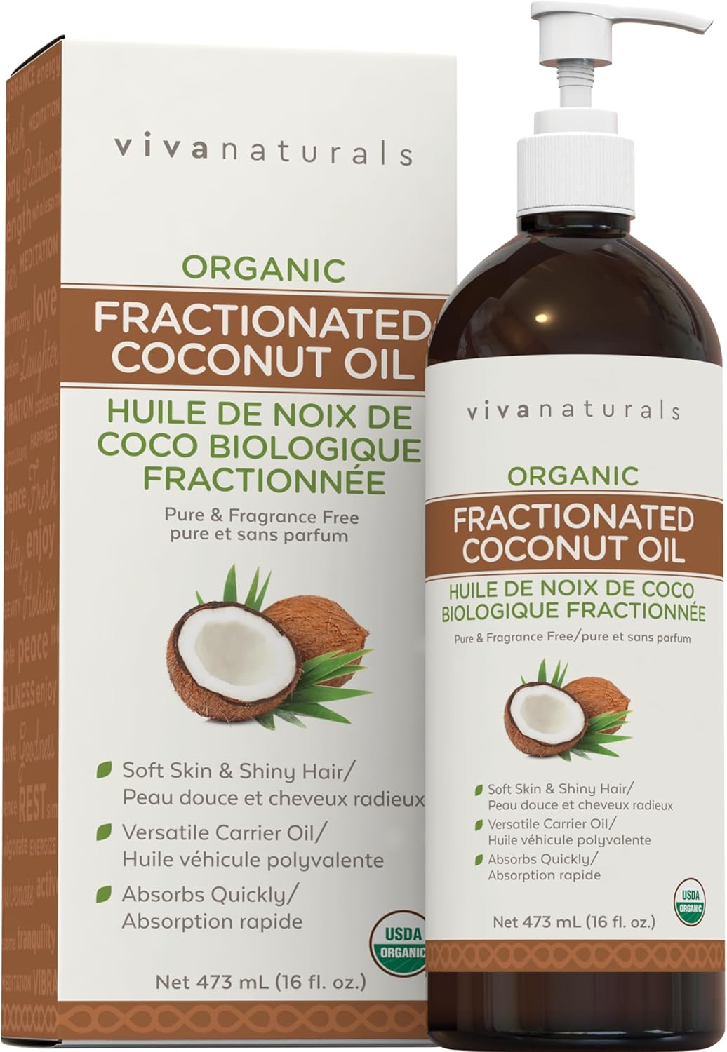 Viva Naturals Organic Fractionated Coconut Oil – Pure Massage Oils for Massage Therapy, Coconut Oil for Skin & Hair, Lightweight Carrier Oil for Essential Oils, 16 fl oz