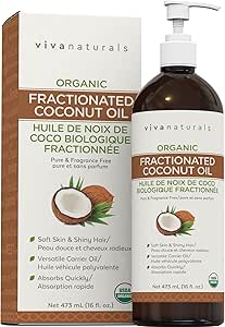 Viva Naturals Organic Fractionated Coconut Oil – Pure Massage Oils for Massage Therapy, Coconut Oil for Skin &amp; Hair, Lightweight Carrier Oil for Essential Oils, 16 fl oz
