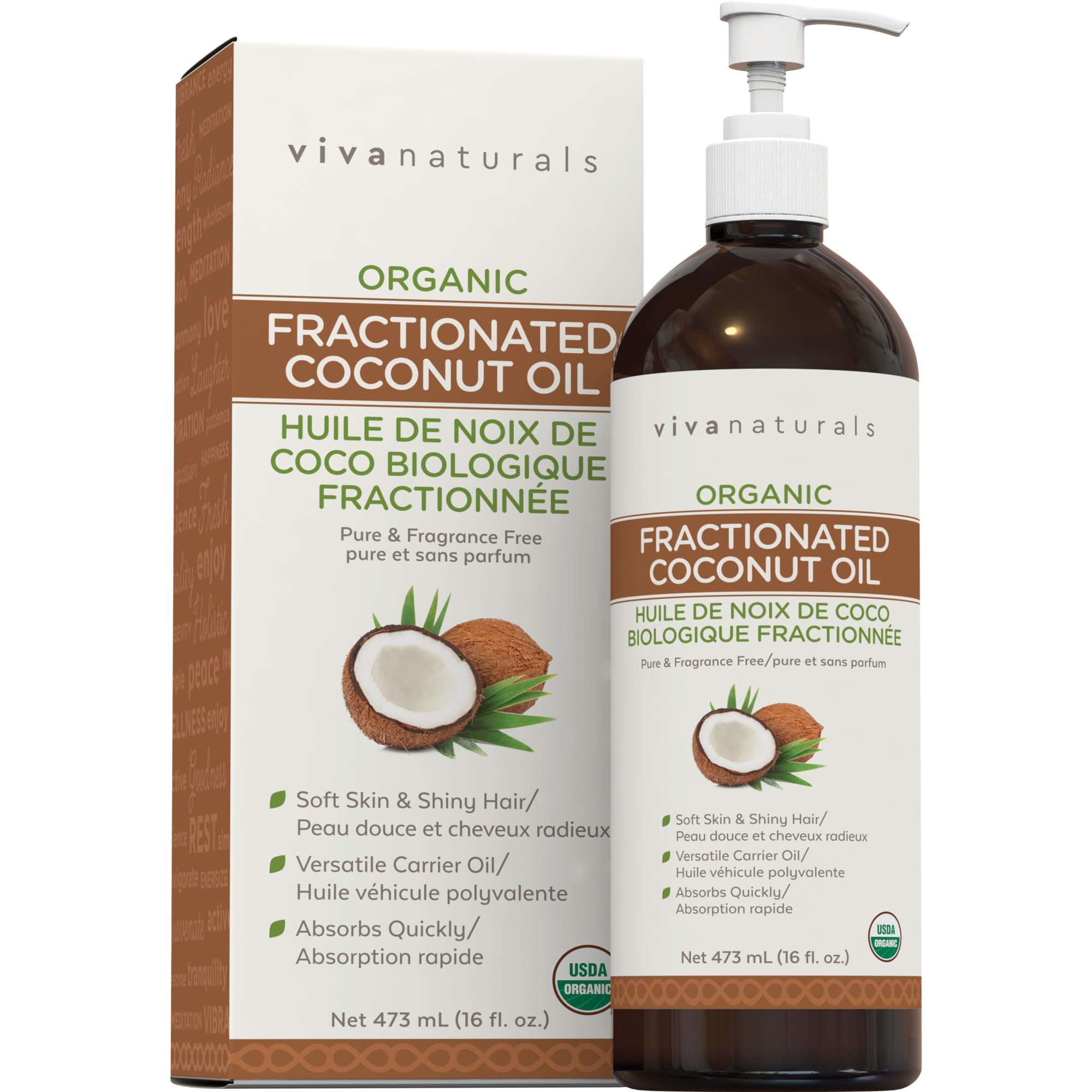 Viva Naturals Organic Fractionated Coconut Oil – Pure Massage Oils for Massage Therapy, Coconut Oil for Skin & Hair, Lightweight Carrier Oil for Essential Oils, 16 fl oz