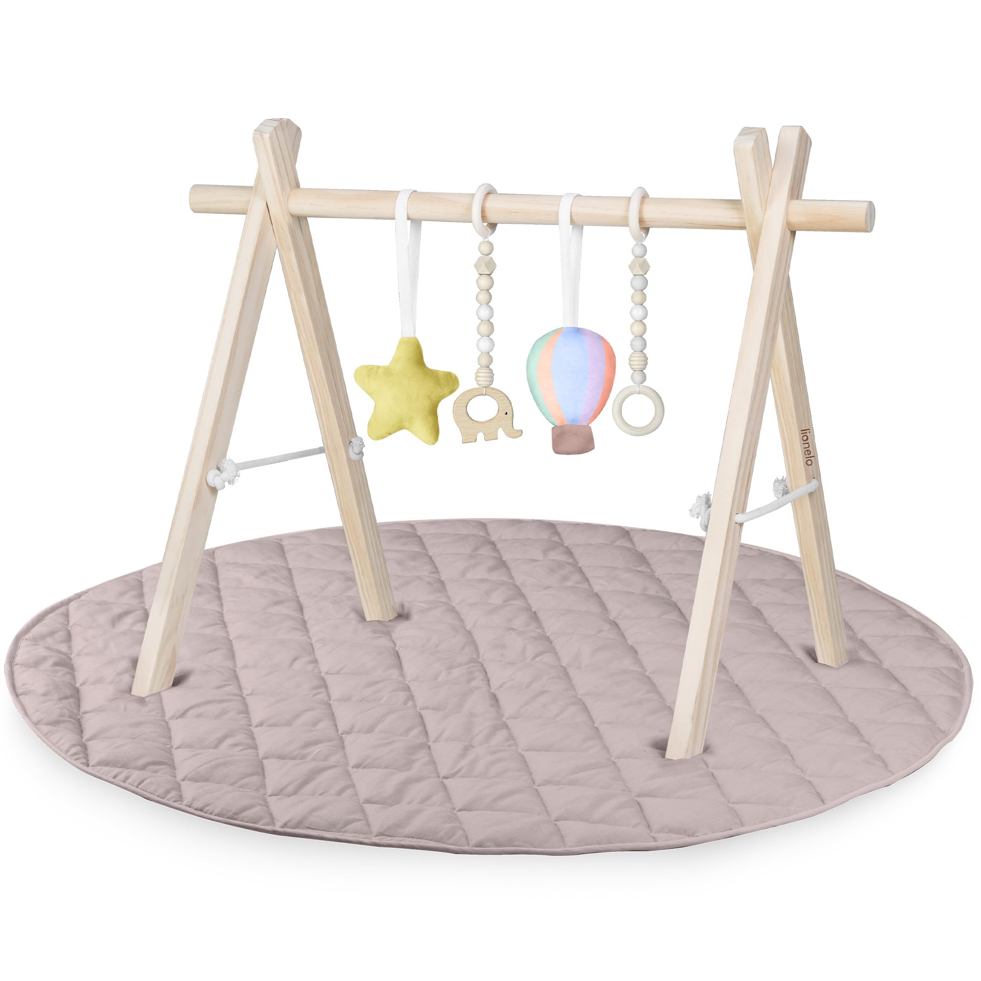 Lionelo Anis Set Manta de Actividades Bebé con Gimnasio de Madera, Baby Gym Montessori con Juguetes Desmontables, Alfombra de Algodón Antideslizante 2 cm, Plegable