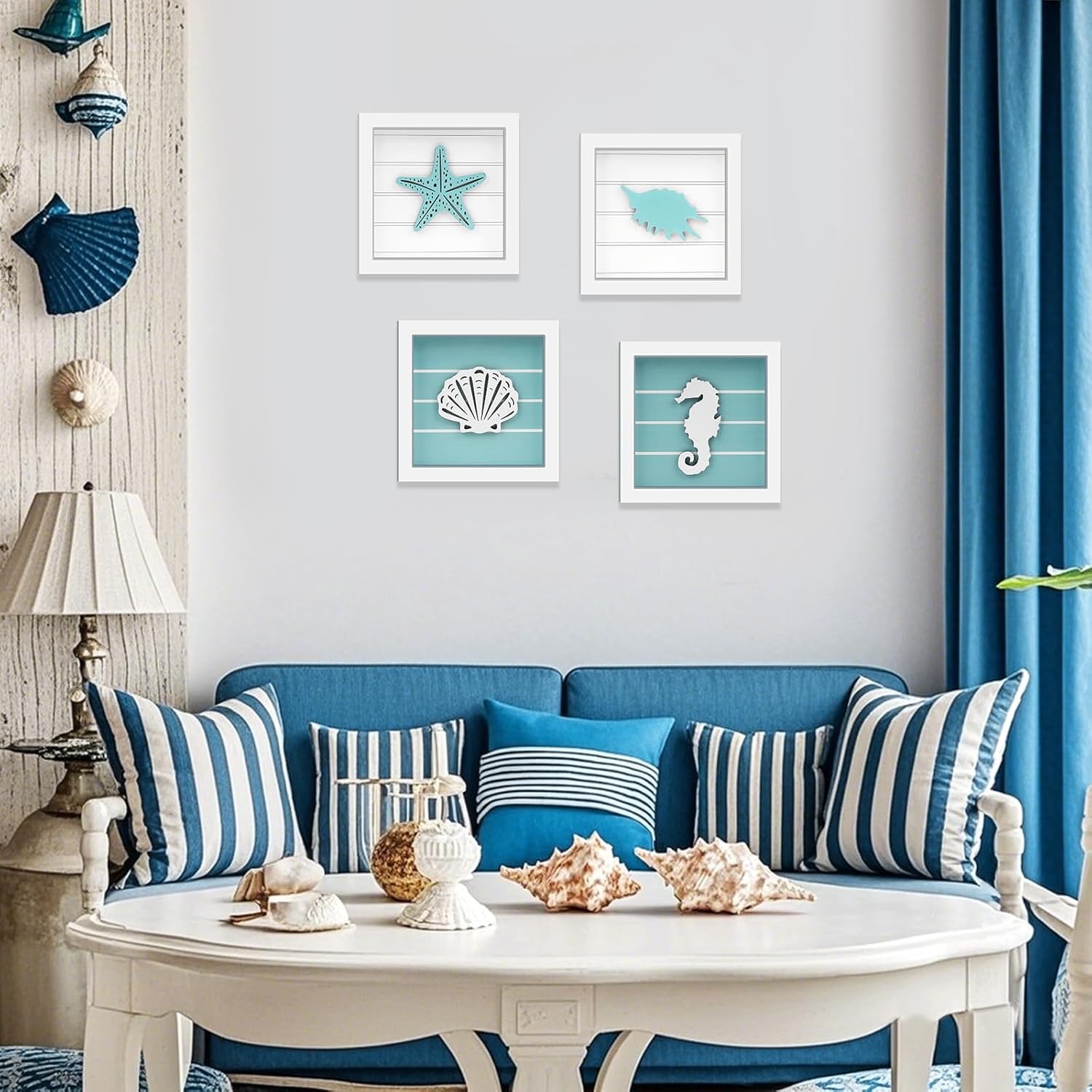DETENE Coastal Beach Wall Art Rustic Nautical Ocean Themed Hanging Decor for Home Bathroom Living Room Bedroom (white)