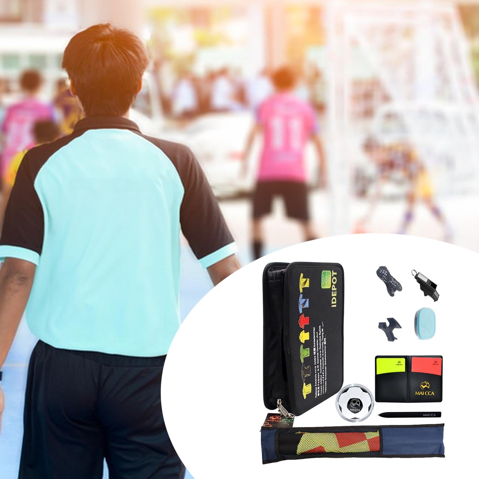 Soccer Referee Pouch Borsa Accessori Arbitro con Chiusura Lampo Fischietto Professionale Bandiera Linea Cartellini Rossi E Gialli Materiale Super