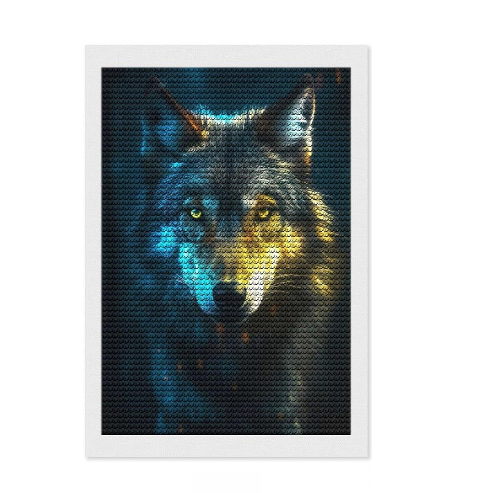 Junmoney Black Wolf in Neon Light Diamond Art Canvas 8"x12", Home Wall Decor, for Craft Lovers, Stress Relief Craft, Holiday Gift Idea