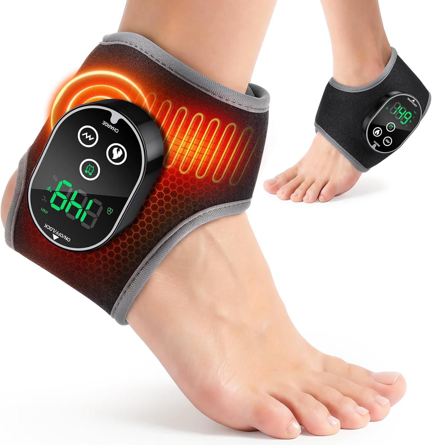 Cordless Ankle Heating Pad with Massage, Foot and Ankle Massager for Pain Relief, Rechargeable Heated Ankle Wrap for Circulation, Black