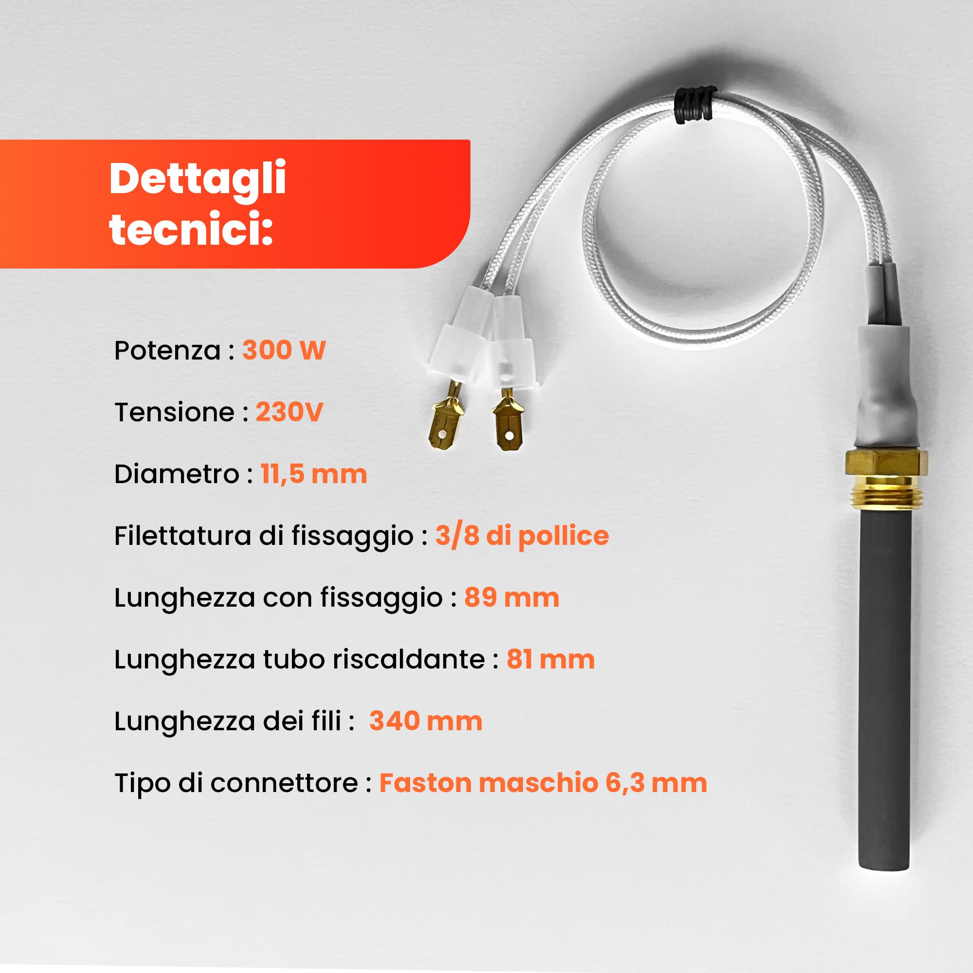 Candela ceramica per stufa a pellet NORDICA EXTRAFLAME/SKIA/RAVELLI/DAL ZOTTO – PSx 6-240-B – 300W, Ø11,55mm, 89mm, Modello non forato – Pezzo originale OEM GIAPPONE – GARANZIA 2 ANNI