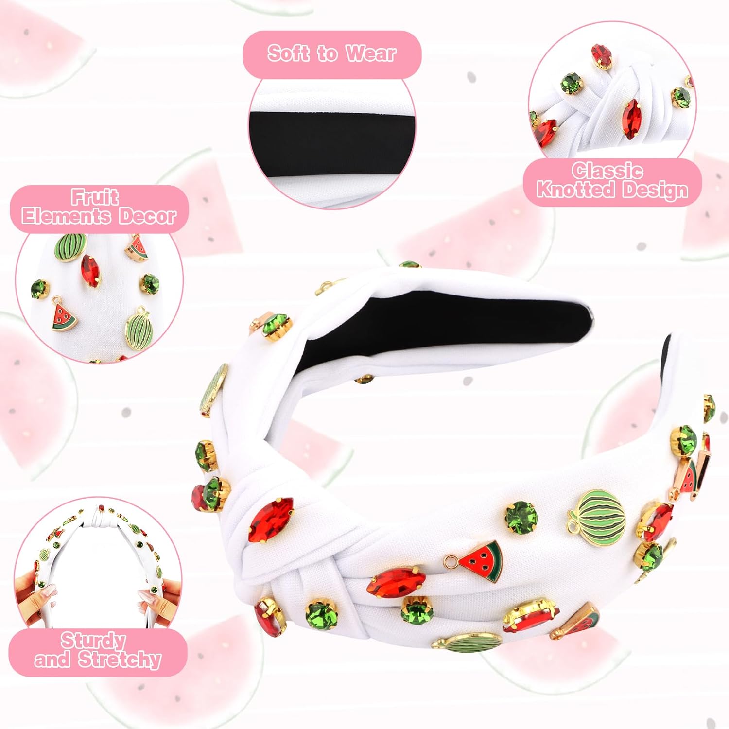 White Watermelon Rhinestone Jeweled Knotted Headbands for Women Girls, Fashion Cute Fruit Hair Accessories Gift for Girls - Image 3