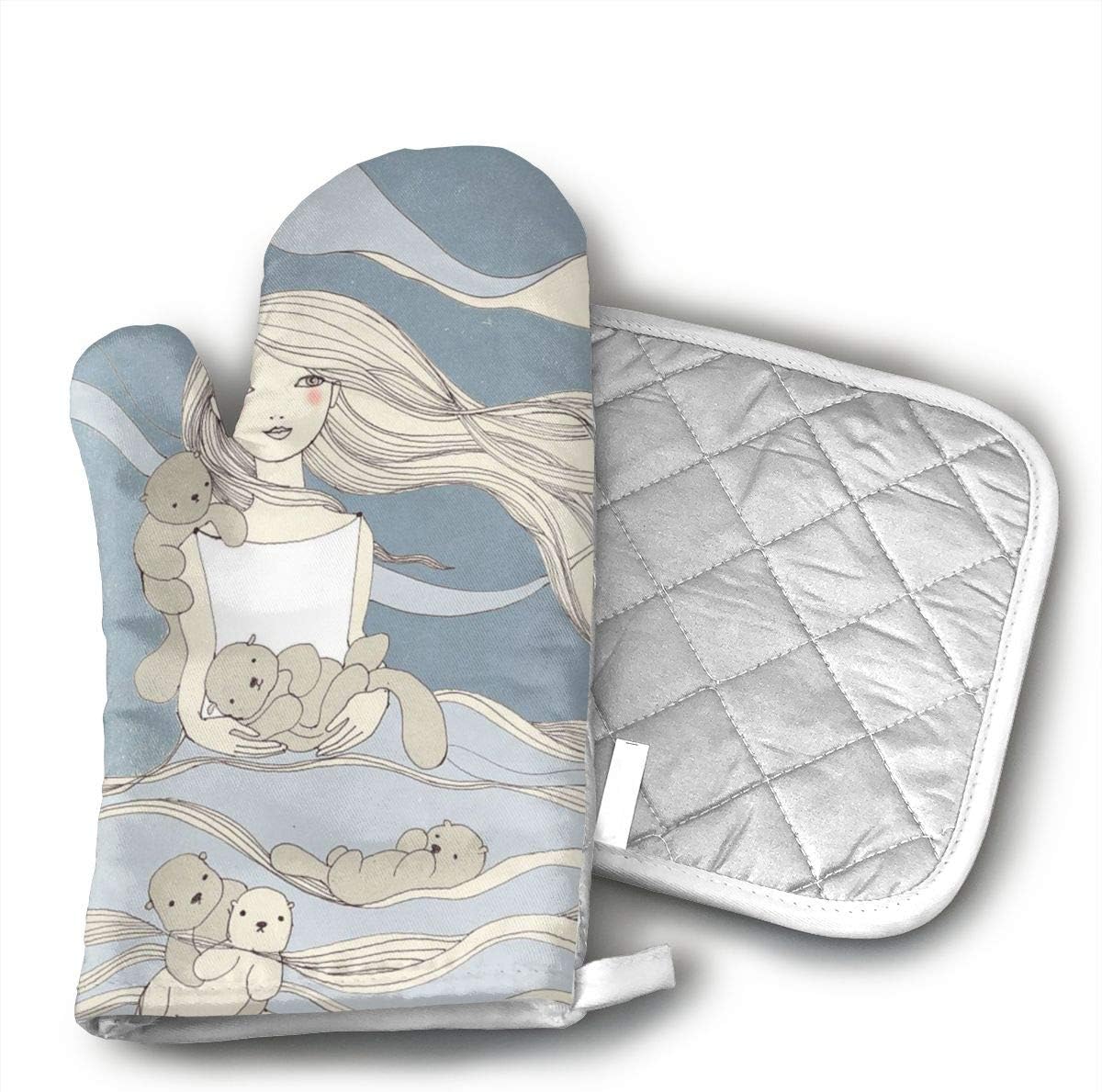 mnbhgg A Girl Swimming with Baby Sea Otters Oven Gloves