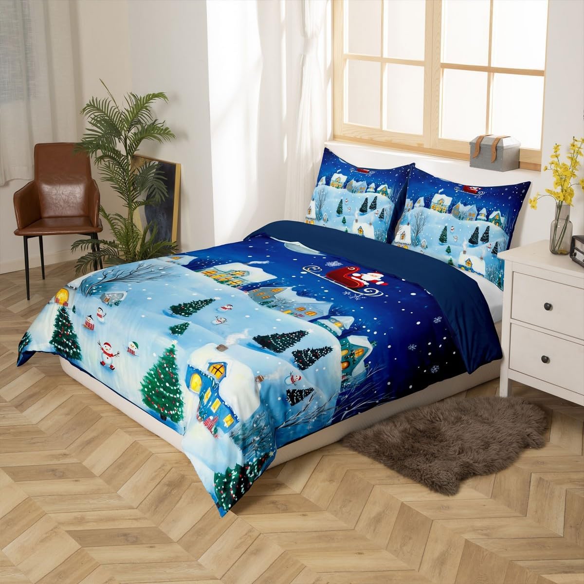 Snowy Village Duvet Cover Set Toddler Size Xmas Snowman Santa Claus Bedding Set for Girls Boys Happy New Year Comforter Cover Winter Western Country Quilt Cover,1 Pillowcase(No Comforter)