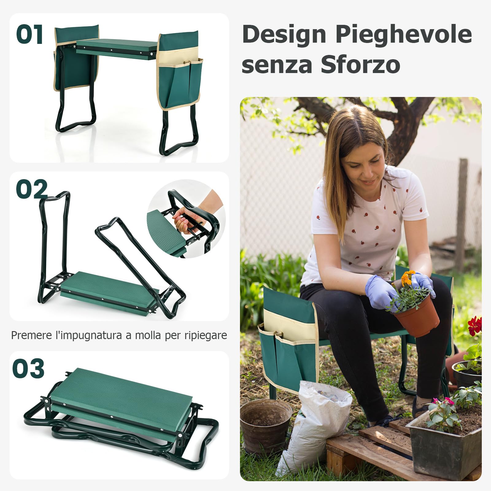 RELAX4LIFE Inginocchiatoio e Sedile da Giardino, Sedile per Giardinaggio Pieghevole e Portatile con 2 Tasche Rimovibili Sedile in Schiuma EVA e Telaio Metallico, Fino a 150KG (2 Tasche)