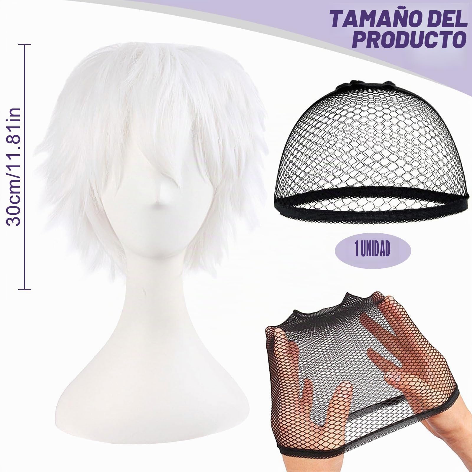 Gojo - Peluca hombre con peluca blanca, longitud aproximada de 30 cm, diseñada para los fans del cosplay