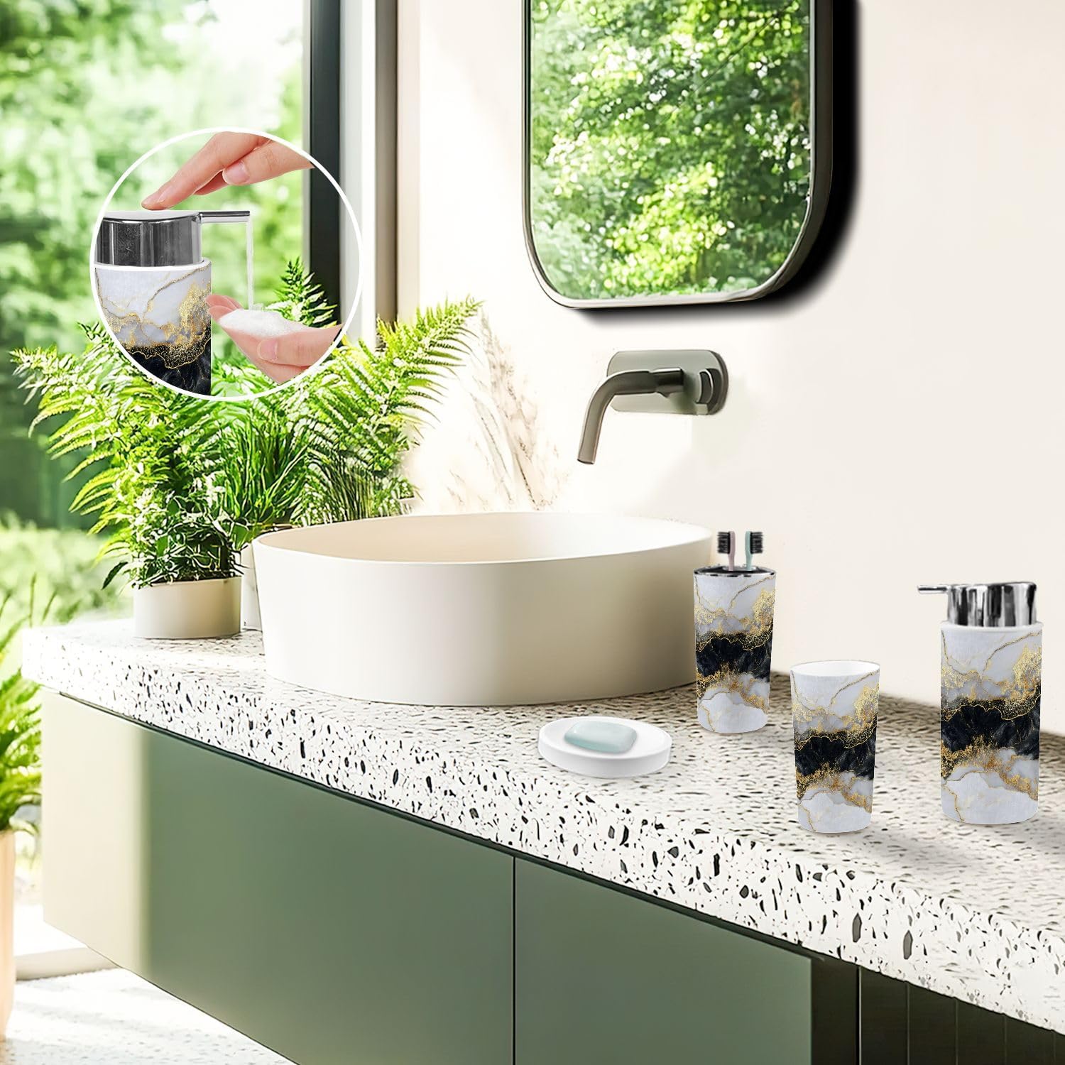 Bathroom Accessory Set 6 Piece Abstract Texture Artificial Black White Marble Gold Veins Trash can, Toothbrush Holder, Soap Dispenser, Soap Dish, Toothbrush Cup, Toilet Brush Holder
