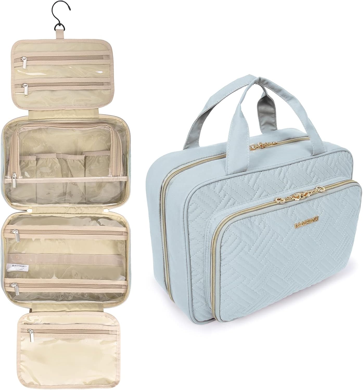 BAGSMART Toiletry Bag Hanging Travel Organizer with TSA Approved Transparent Cosmetic Bag and Detachable Makeup Pouch For Full Sized Toiletries, Medium-Black : Beauty & Personal Care