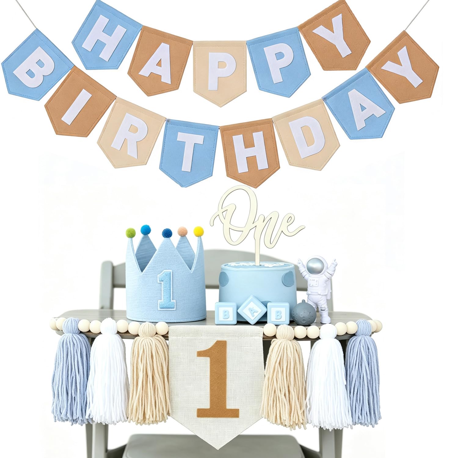 1st Birthday Decorations for Boy - Felt Happy Birthday Banner First Birthday High Chair Banner, Crown Hat, Cake Topper, Pre-Strung Highchair Birthday Banner Birthday Party Supplies (KCBlue One) — image 1