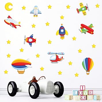 Hava Ara lar  Duvar Sticker Seti - Renkli U aklar, Helikopter, Roket ve U an Balon -  ocuk Odas  Dekoratif Duvar  kartmas
