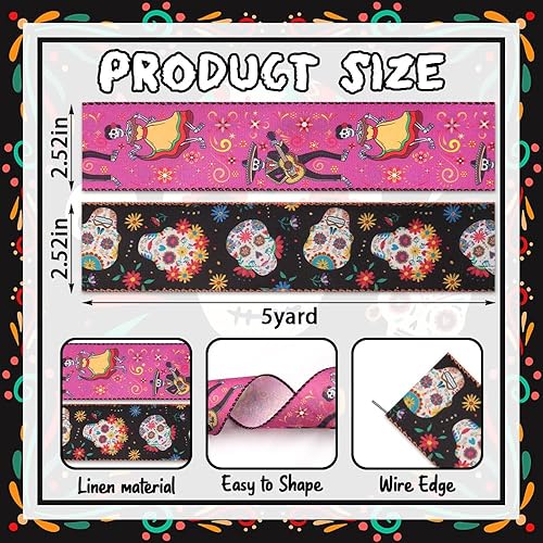 Miniatura 2 de Hying 2 rollos de cintas mexicanas de los días de los muertos para lazos de corona, cintas mexicanas con borde con alambre, cinta de arpillera