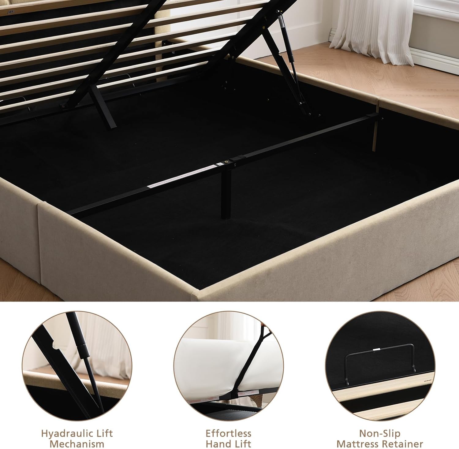 VELOCAVA Queen Size Lift-Up Hydraulic Storage Bed, Beige Linen Upholstered Platform Bed with Vertical Channel Headboard, Wooden Slat Support, No Box Spring Needed, Easy Assembly