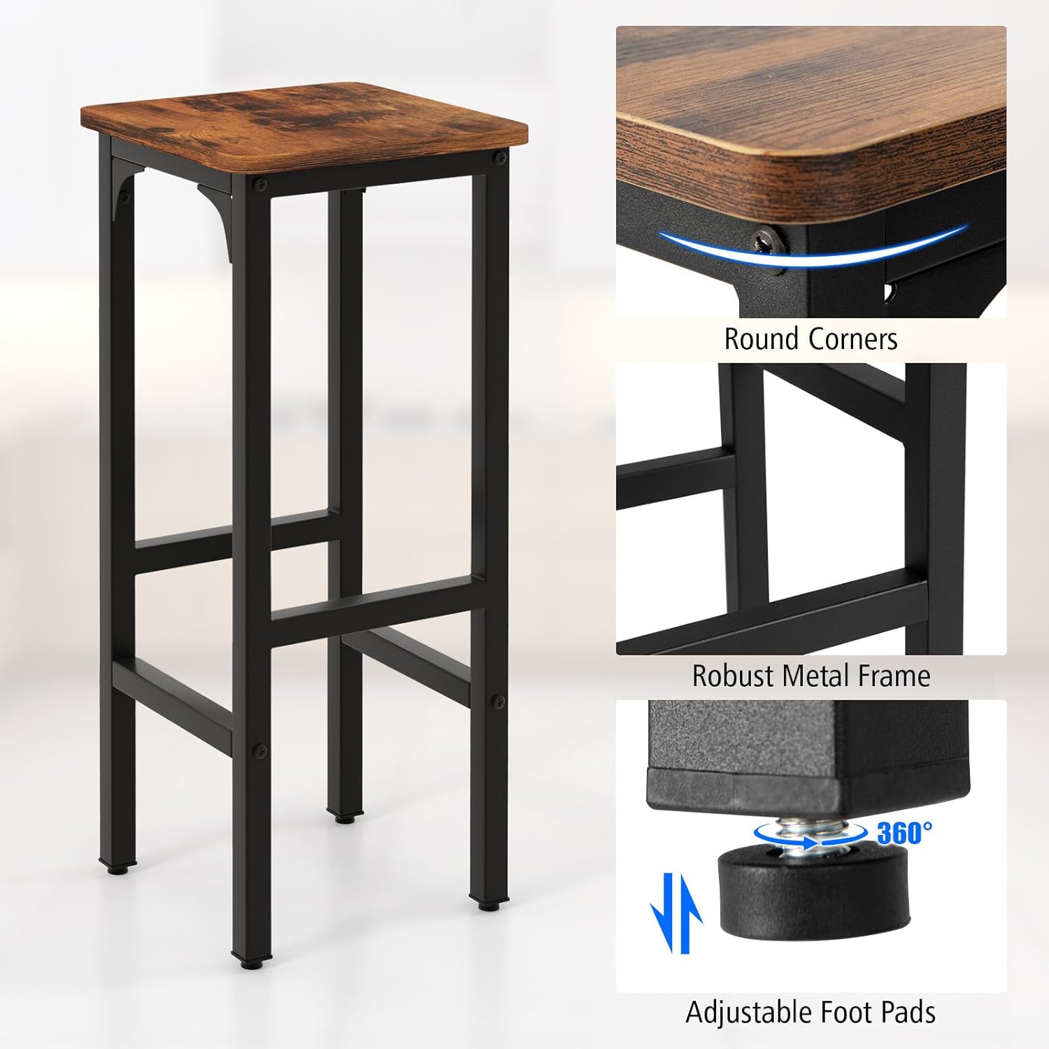 Set of 2 Black and Rustic Brown Adjustable Wood and Metal Bar Stools