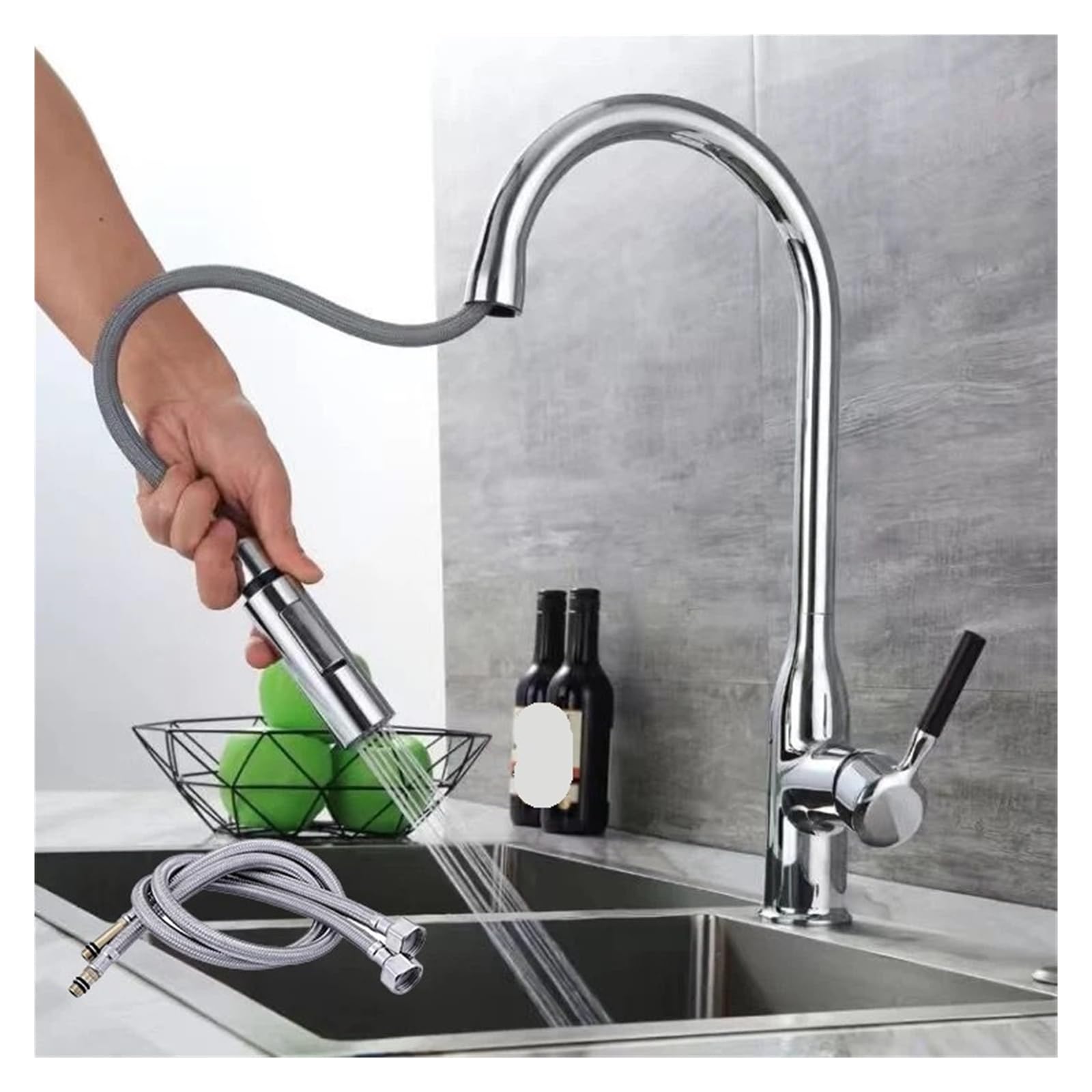 Robinet de cuisine en acier inoxydable avec douchette extractible pour évier monotrou chrome