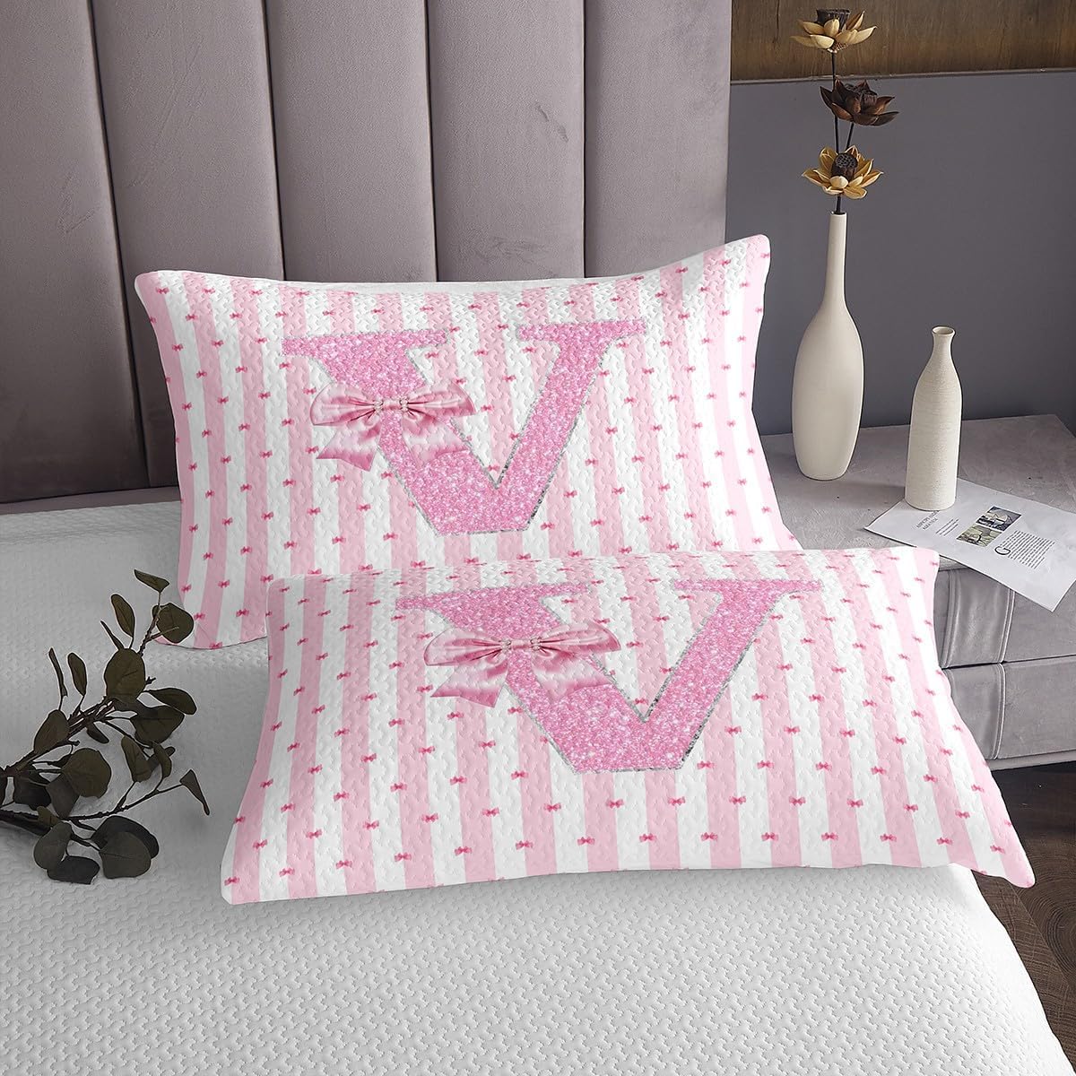 Erosebridal Cute Bowknot Coverlet Set Queen Size Monogrammed X Quilt Set Pink Glitter Bow Bedspread Sets for Kids Teens Adult Bedroom Kawaii Princess Bedding Set