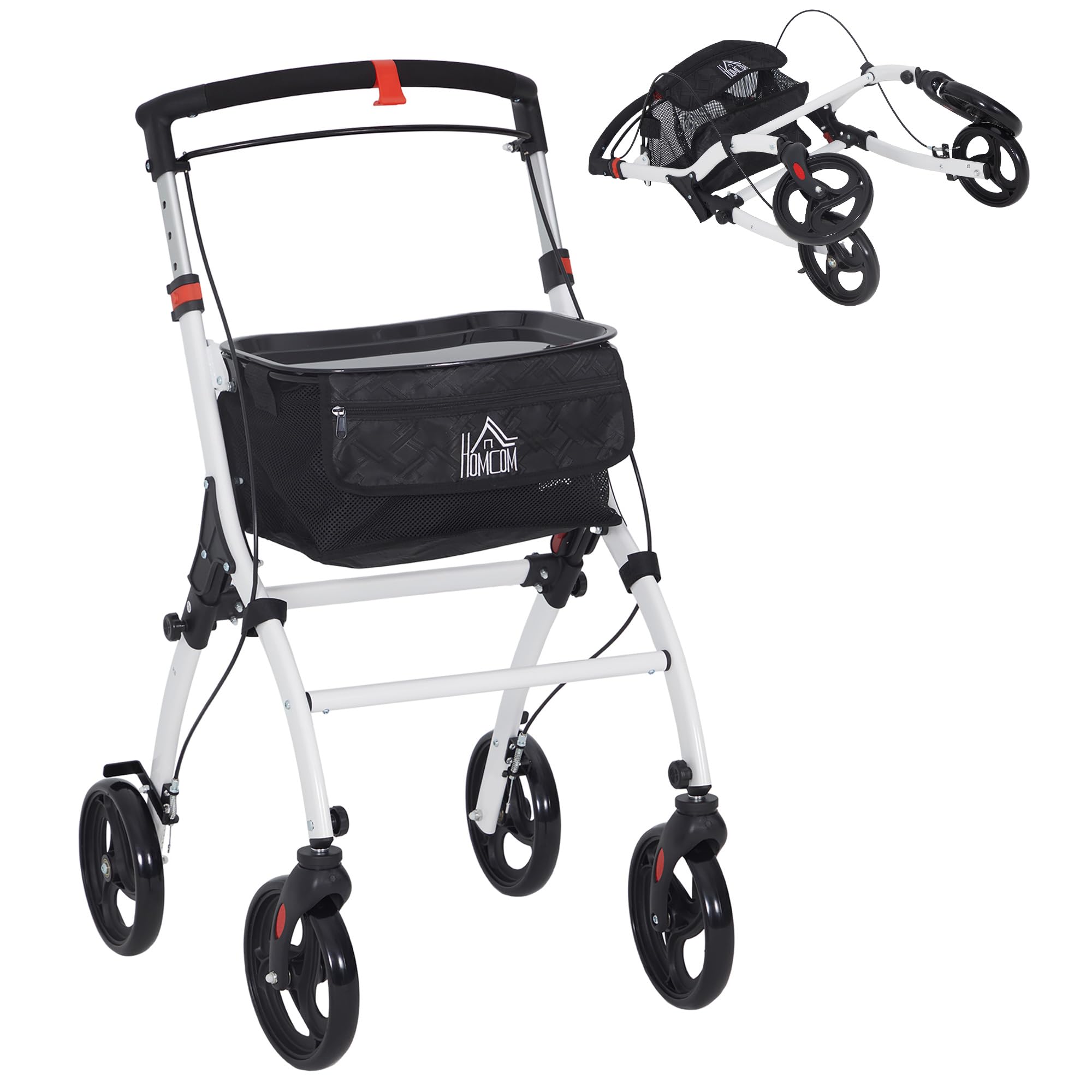 HOMCOM Andador para Ancianos Plegable de Aluminio con 4 Ruedas Blanco | Andador para Personas Mayores, Bandeja, Altura Ajustable, Frenos de Maneta, Bolsa de Transporte