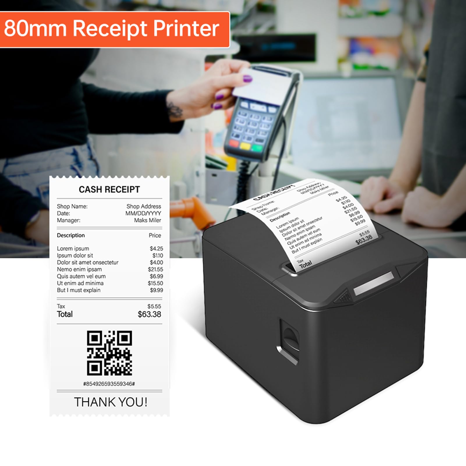 VINGVO Stampante termica per ricevute da 80 mm, USB + LAN ad alta velocità, con taglierina automatica, grande scomparto carta, compatibile ESC/POS, per ristorazione, vendita al dettaglio, supermercato
