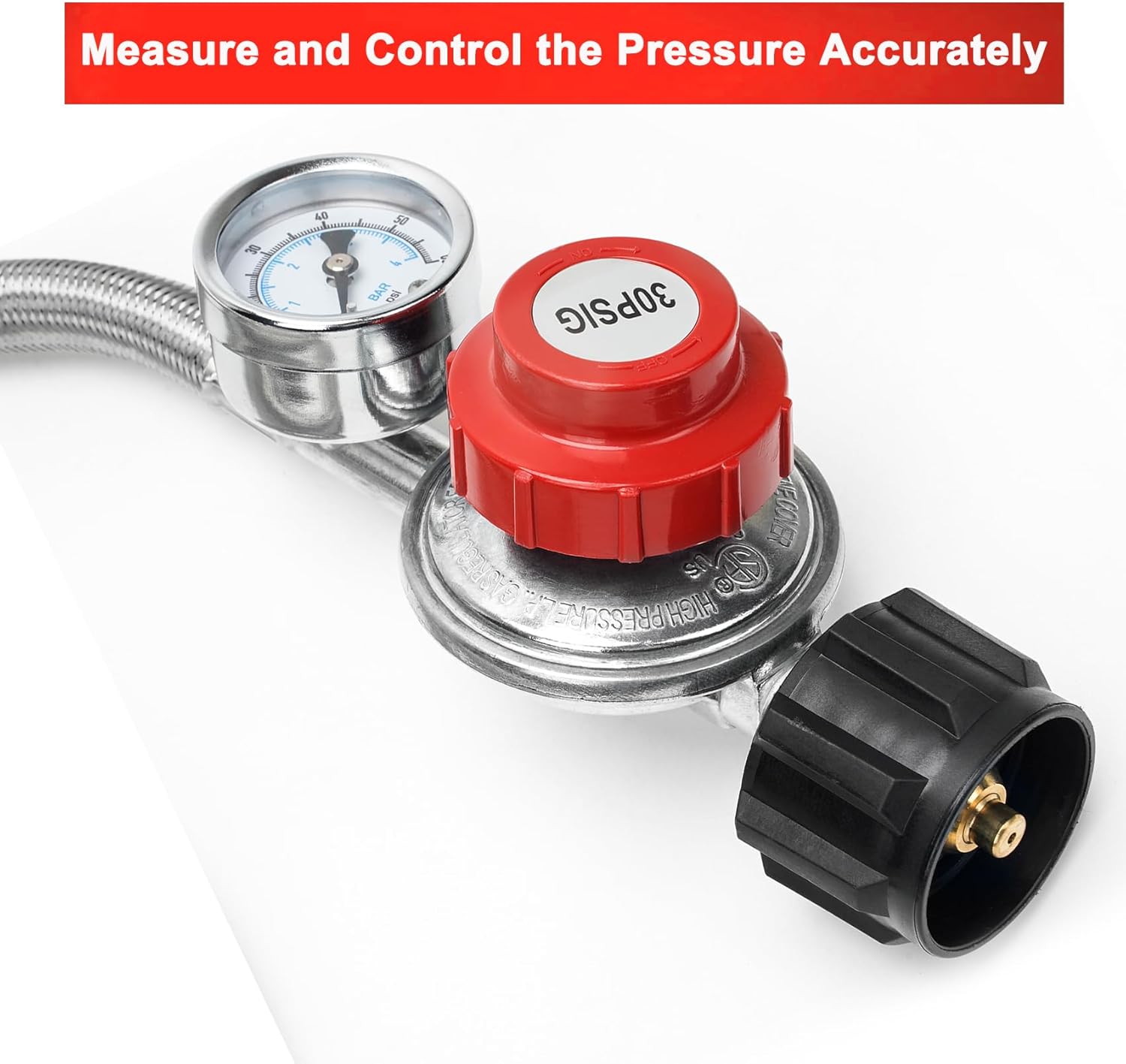 only 5Ft 0-30PSI Adjustable Propane Regulator Stainless Steel Braided Hose QCC/Type 1 Connection with Gauge for Grills, Burners, Heaters, Cookers, Fire Pits and More