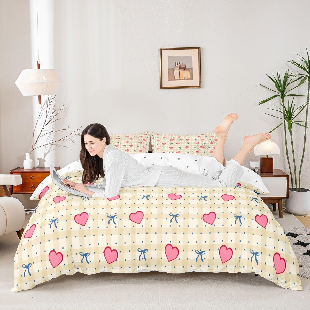 jejeloiu Bow Bedding Set Toddler Size Kids Bowknot Comforter Cover for Boys Girls Teens Heart Love Duvet Cover Kawaii Blue Bow Room Decor,NO Comforter
