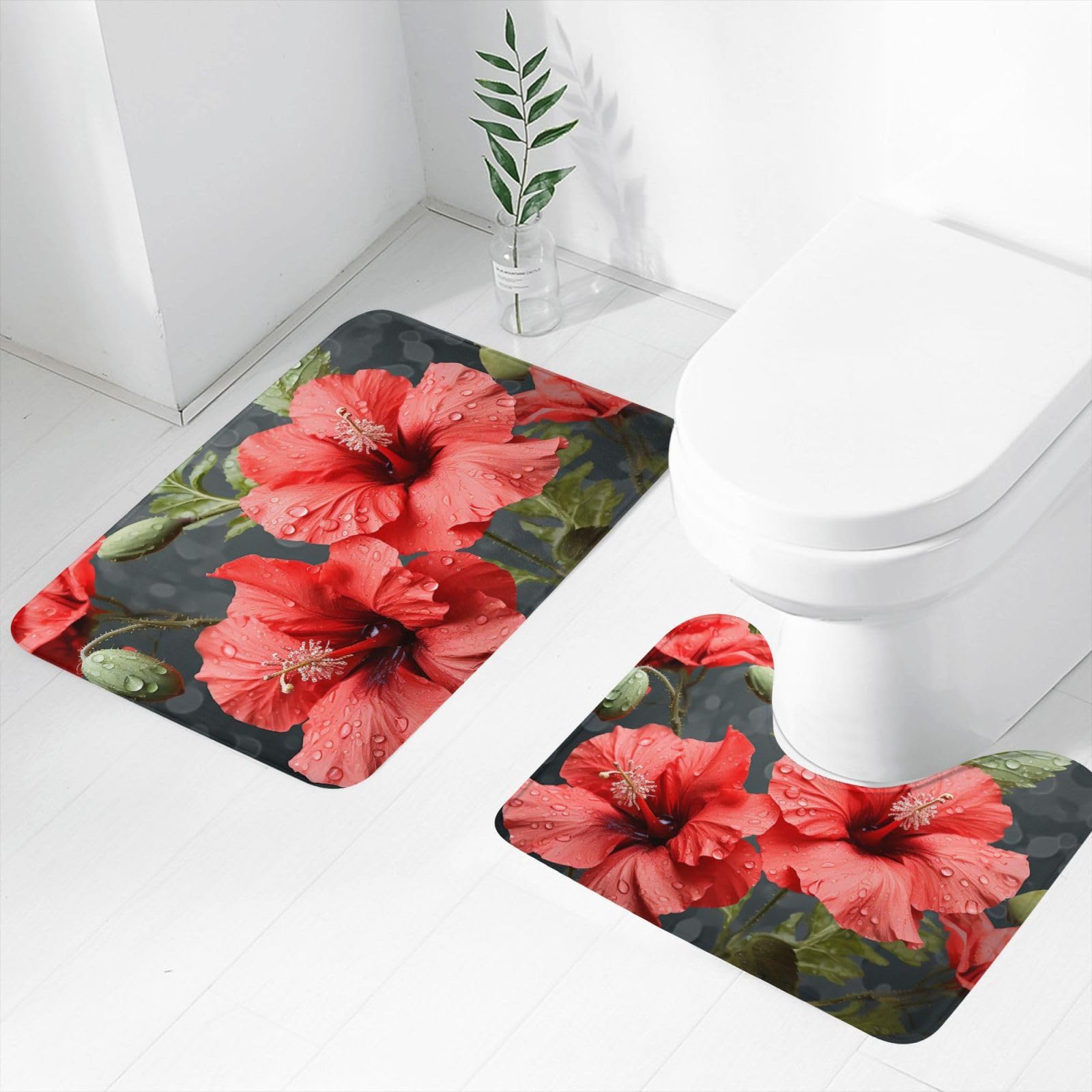 Lot de 2 tapis de bain doux et absorbants avec contour U motif fleurs