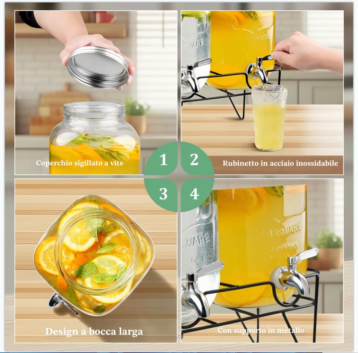Hisredsun 2 x 4L Dispensatore di bevande in vetro per acqua e succo di frutta con supporto in metallo, brocca d'acqua con rubinetto perfetto per feste, matrimoni, compleanni