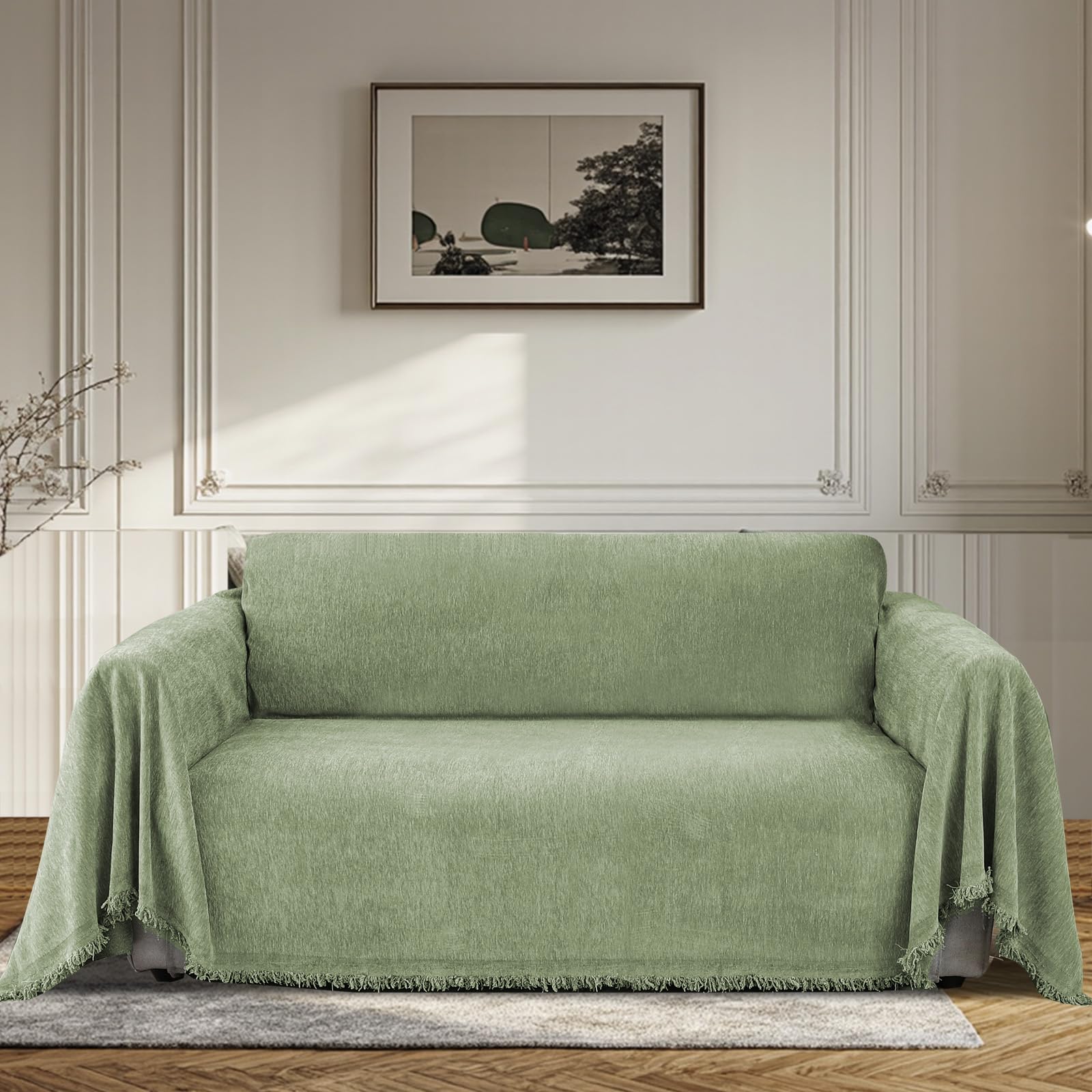Bellahills Green Sofa Cover 3 Seater Chenille Sofa Covers 2 Seater Armchair Covers L Shape Sofa Slipcover Non-Slip Couch Covers With Tassel Sofa Protector From Dogs, 180X260cm,