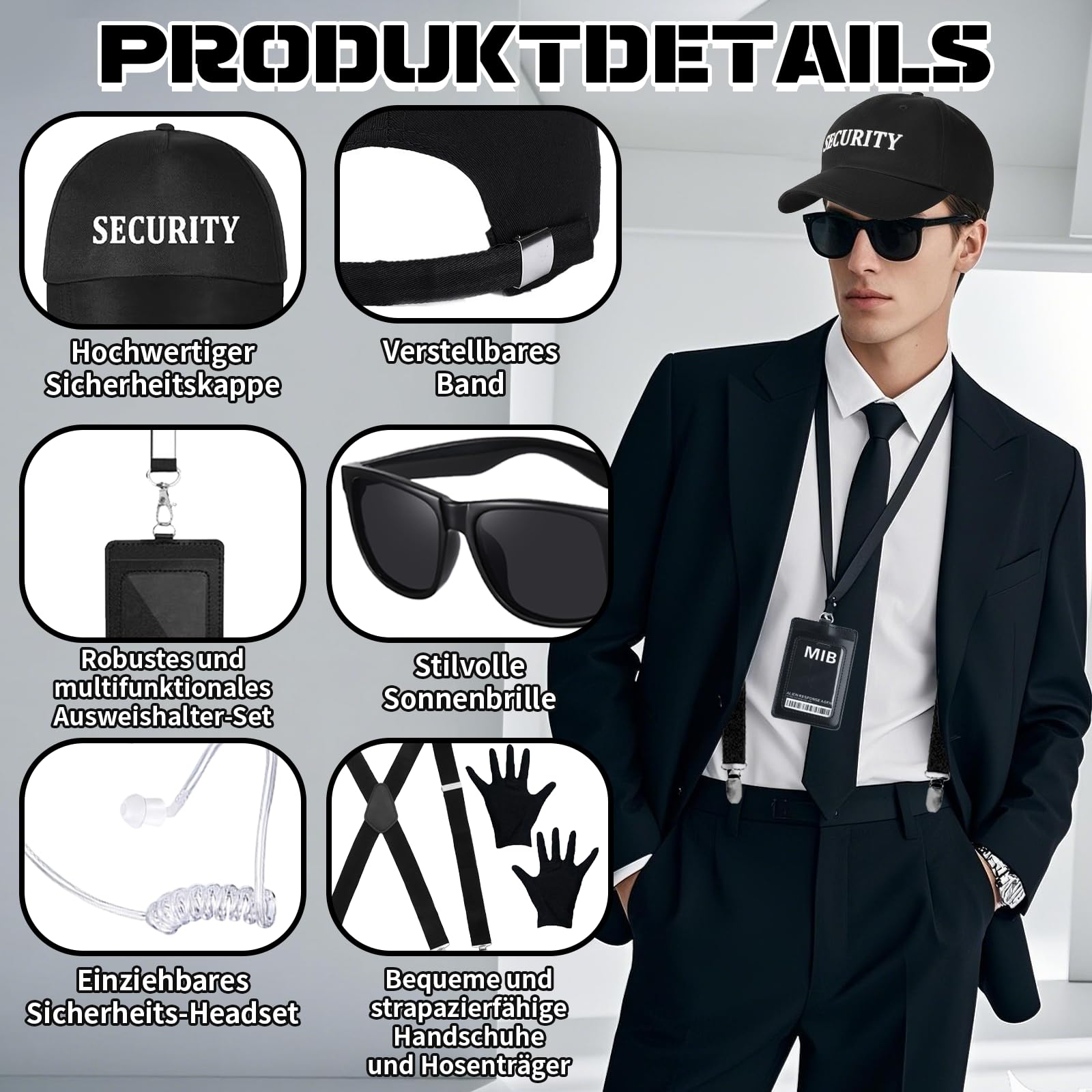 YAEGIMHT 9 Pcs Agent Costume Accessories Black Men Secret Service Cosplay Costume with SECURITY Hat Black Tie Sunglasses Ring Card Case Security Costume for World Book Day Halloween Role-Playing - Image 3