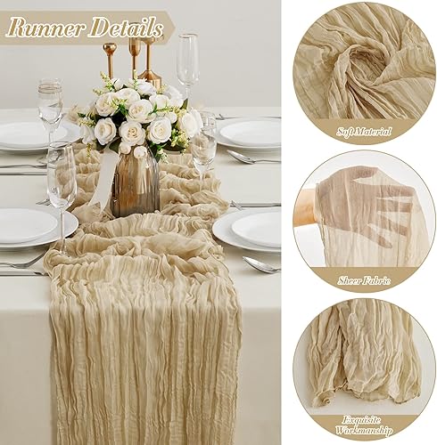 Miniatura 3 de Paquete de 10 caminos de mesa de estopilla de 13.3 pies, camino de mesa de gasa bohemio color crema, 35 x 160 pulgadas de largo, romántico camino de