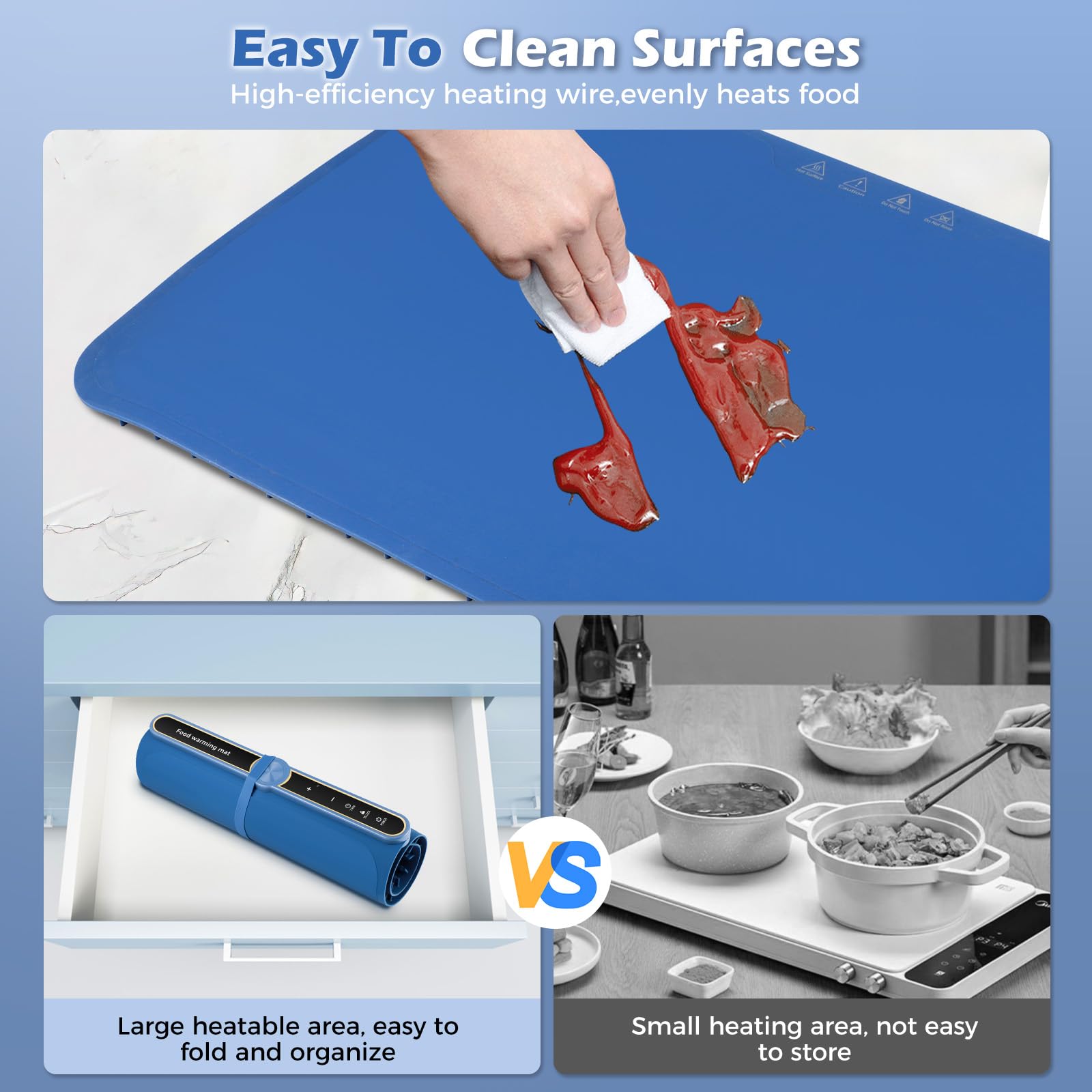 Chauffe Plat Electrique,avec 9 températures,6 réglages de minuterie,Chauffe Plat Portable en Silicone Enroulable avec Sécurité Enfant,Chauffage la Surface en 5s,pour Buffets Fêtes Banquet, Beige