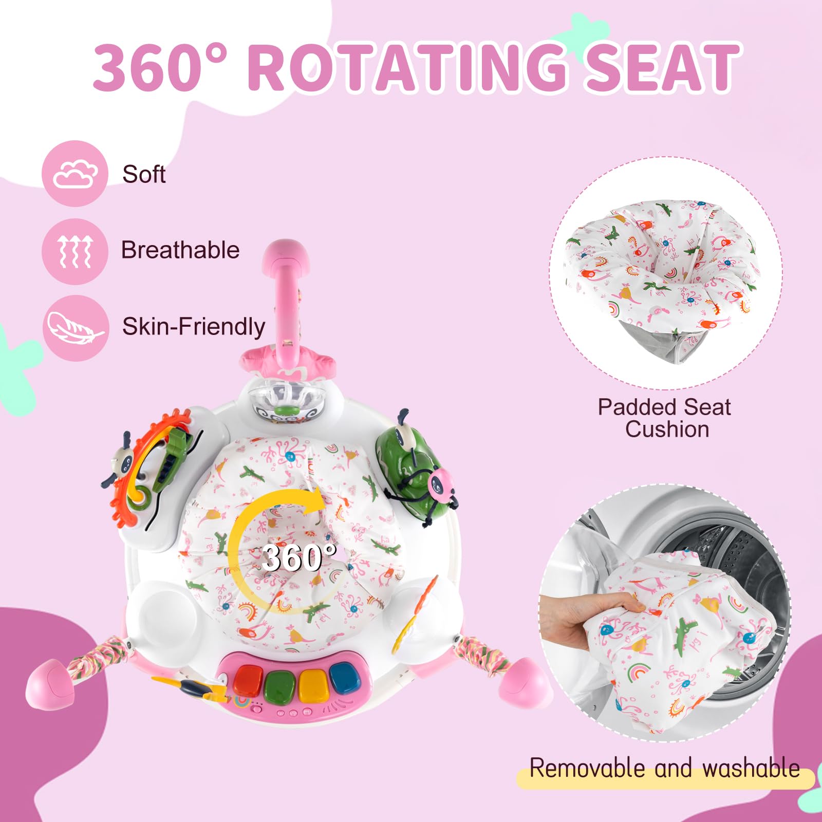 LIFEZEAL Trotteur pour Bébé, Trotteur en 3 Hauteurs Réglables avec 6 Jouets Interactifs, Lumières et Musique et Table de Jeu Rotative, Marcheur pour 6+ Mois Bébé (Rose)