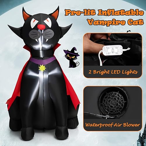 Miniatura 6 de Tangkula Gato negro vampiro inflable de Halloween de 4.7 pies con capa roja, decoración navideña inflable con 2 luces LED integradas, 2 sacos de