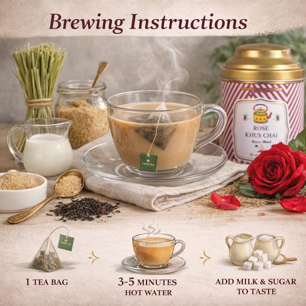 Sancha Tea Boutique, Rose Khus Chai, 25 Pyramid Bags, Royal Masala Tea Blend with Rose Petals & Khus Grass, Aromatic & Refreshing Herbal Chai 1