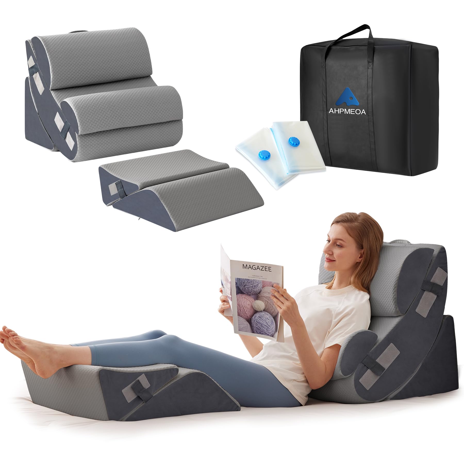 6PCS Wedge Pillow Set for After Surgery, Orthopedic Bed Wedge Pillow for Headboard, Memory Foam Back Pillow for Bed Sitting Up, Sit Up Pillow for Acid Reflux Relief, GERD, Anti Snoring (White)(Grey)