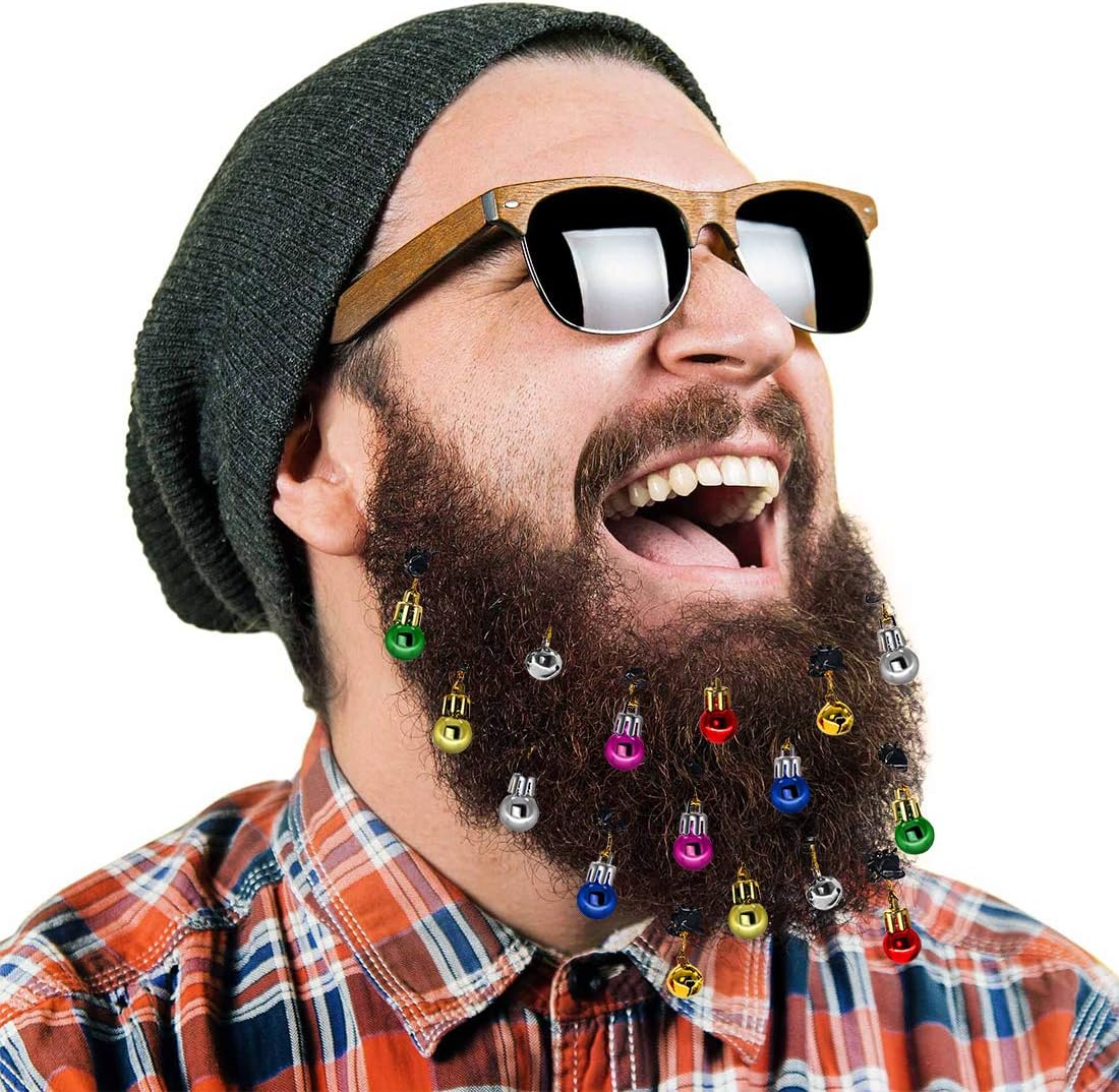 DecoTiny 16pcs Beard Ornaments. 4 Sounding Jingle Bells and 12 Colors of Christmas Baubles. Great Gift Idea! (16 Beard Bells)