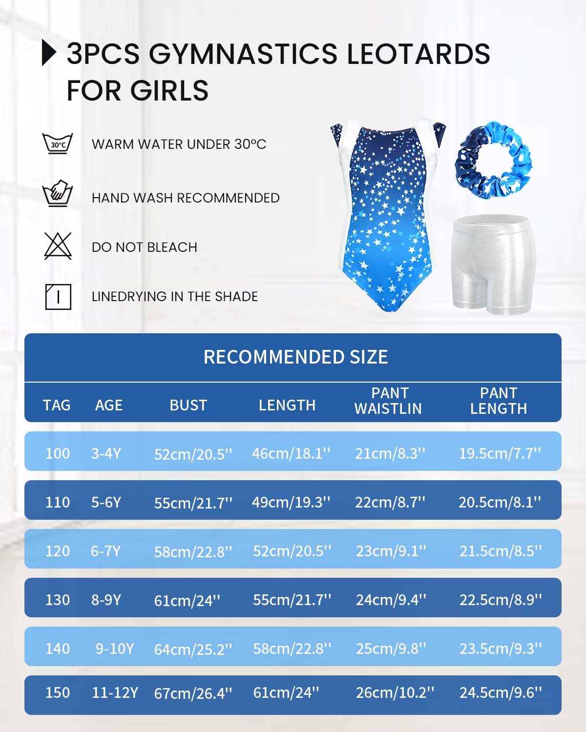 Gogokids - Set da ginnastica in 3 pezzi, con scollo a Y, senza maniche, con pantaloncini e fascia, con motivo a blocchi di colore blu e viola, 3-12 anni