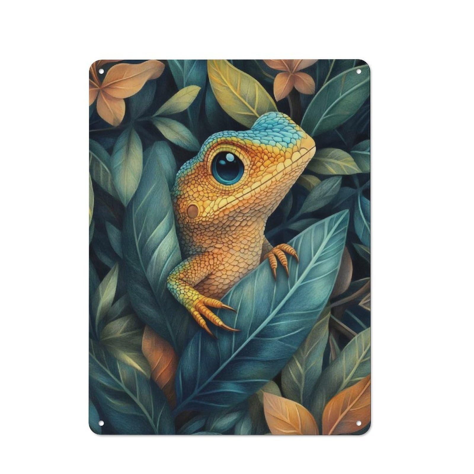 Junmoney Lizard In Lush Foliage Rustic Decorative Tin Sign 40X30cm, Cottage Wall Art For Cottage, Kitchen, Hallway Or Breakfast Nook