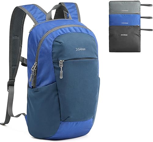 G4Free Mochila de senderismo plegable de 20 L, ligera, plegable, con panel trasero grueso para hombres y mujeres, Azul, Diseño de panel trasero