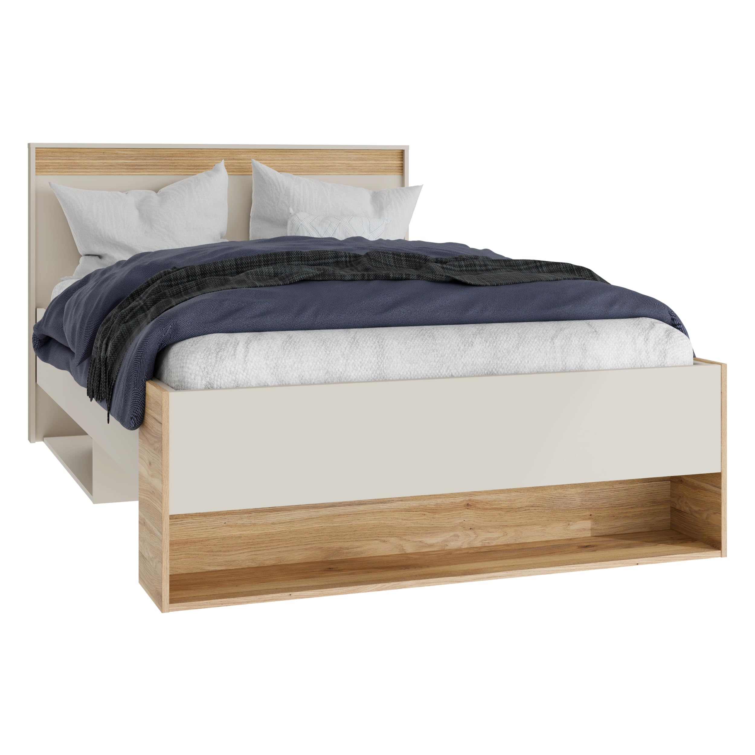Forte WEXLIN Bettgestell, Liegefläche 120 x 200 cm, modernes Bett mit Schublade und Regal, Kinder- und Jugendzimmer,Kaschmir|Beige|Mauvella Eiche Holzdekor, 130 cm breit x 96,3 cm hoch x 210,8 cm tief