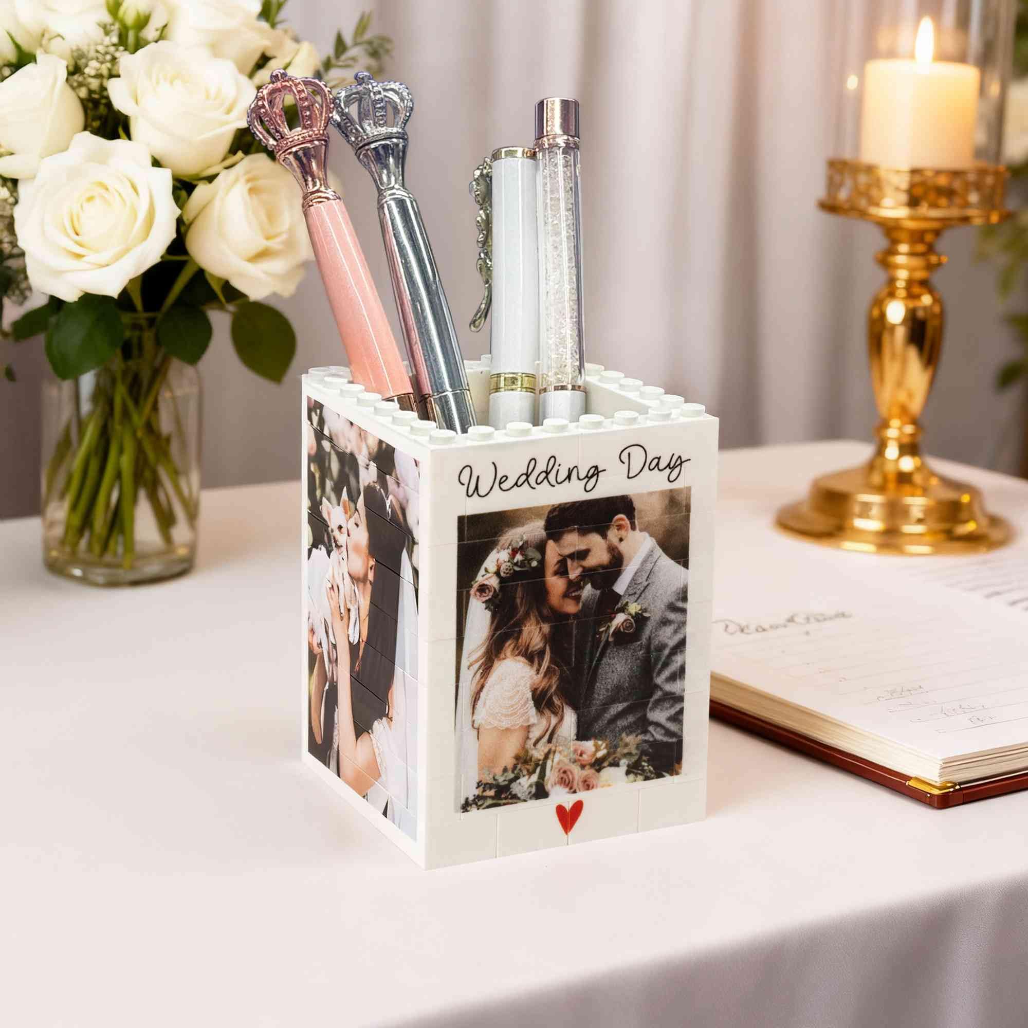 Porte-crayons personnalisé en briques avec photo, texte et images personnalisés - Organiseur de bureau créatif - Boîte à crayons - Fournitures de bureau à domicile - Cadeau pour homme, femme, papa