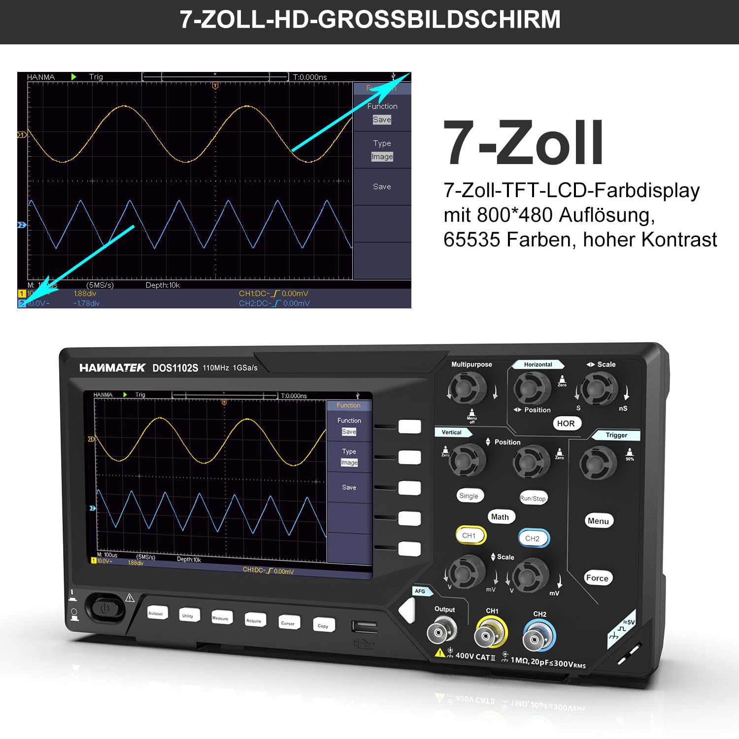 HANMATEK 2 in1 DOS1102S Digitales Speicheroszilloskop mit integriertem Wellenformgenerator, 110MHz Bandbreite, 2 × 500MSa/s Abtastrate, Zweikanal