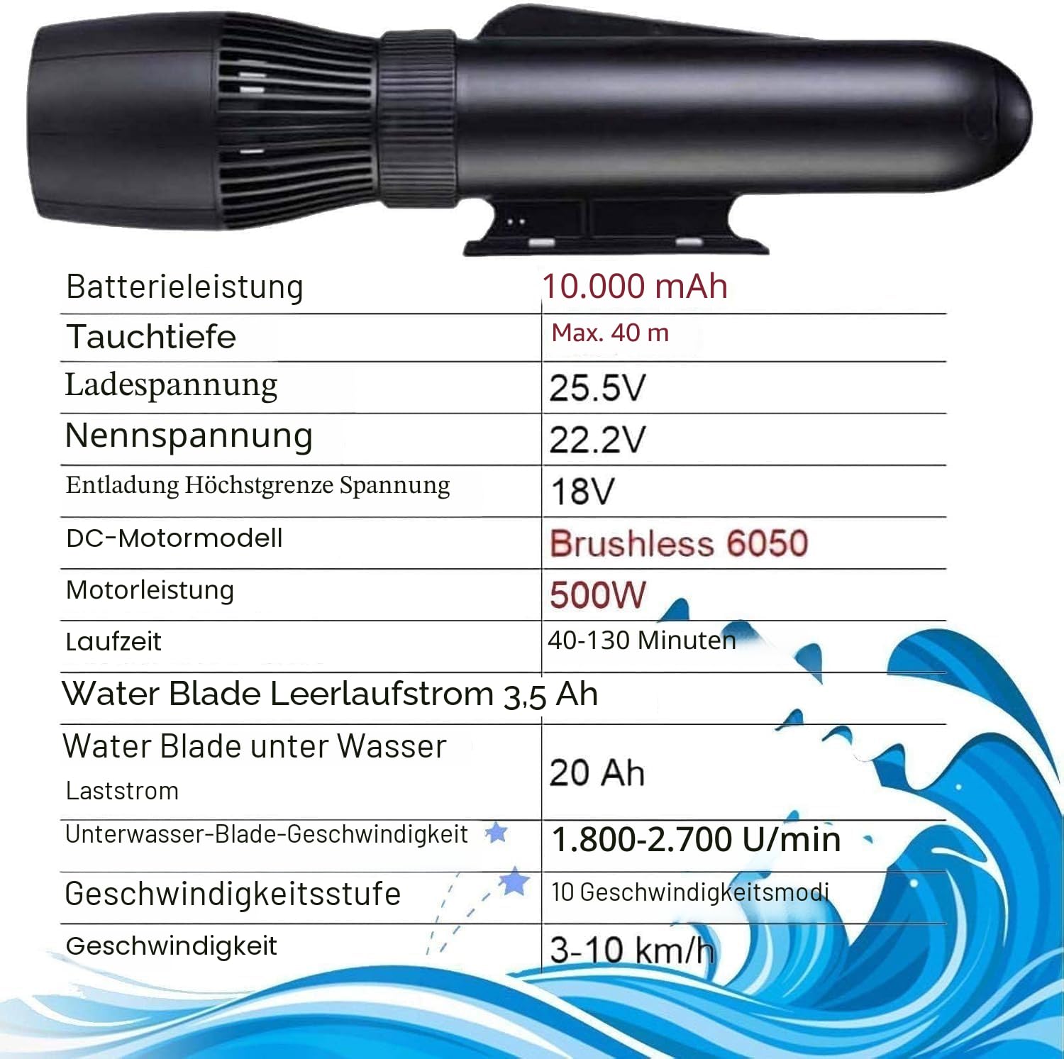 G camolech Sommer-Elektromotorboot, Jet-Ski, aufblasbares Boot mit 500 W Kajak-Elektromotor, 10000 mAh Akku-Kapazität, SUP-Motor, Unterwasser-Scooter, für Erwachsene und Kinder, Tauchen