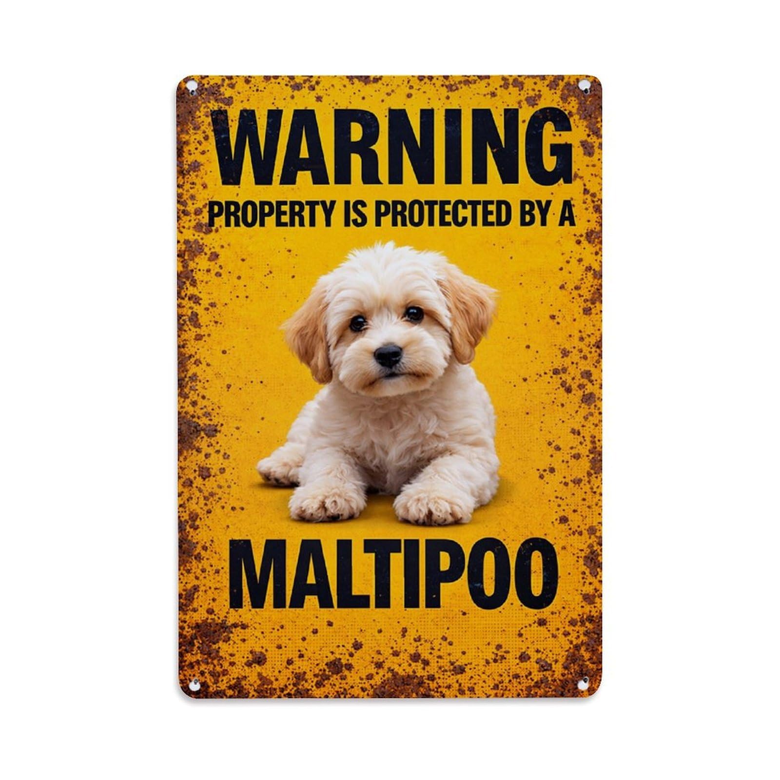 Jdfenggu Vintage Warning Property Protected By Maltipoo Retro Metal Tin Sign, Metal Poster For Bar, Home, Man Cave, Kitchen, Laundry Room Art Decor 8X12 Inch
