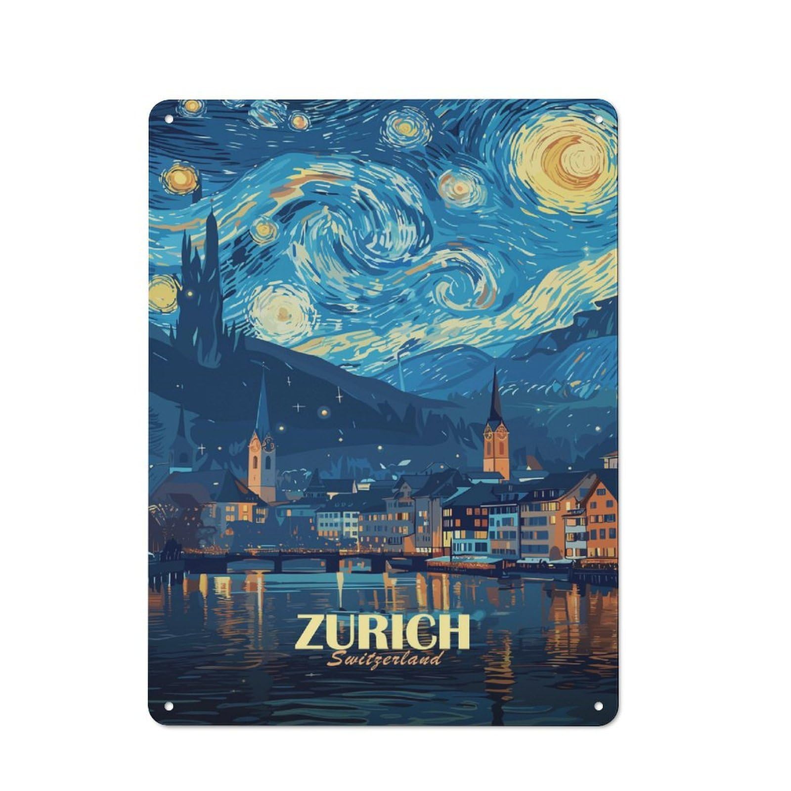 Junmoney Style-6 Rustic Zurich, Switzerland, Starry Night Style Rustic Tin Sign 40X30cm, Porch Wall Decor For Greenhouse, Garden Room, Cafe Or Entryway