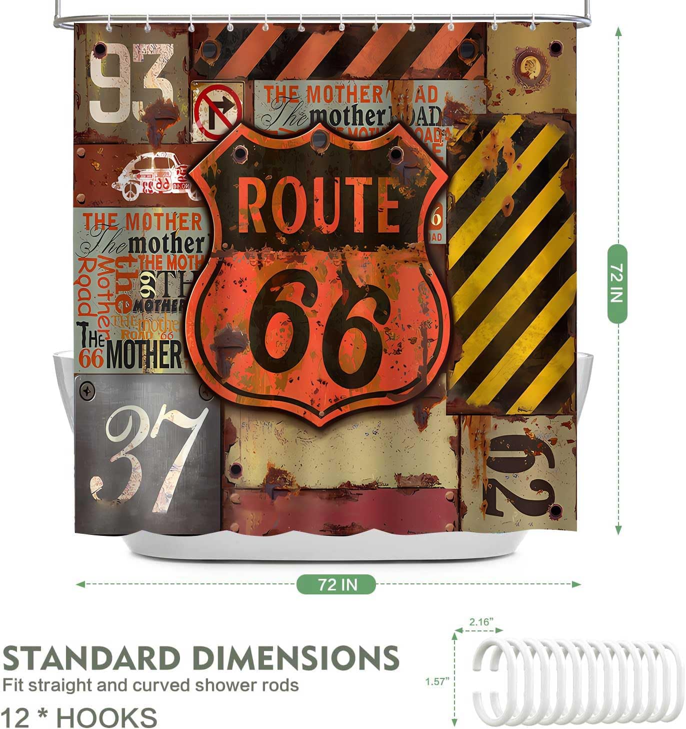 Route 66 Shower Curtain for Bathroom, Retro Route 66 American Road Sign Highway Shower Curtain Sets with 12 Hooks, 72x72inch YLDWTP0213